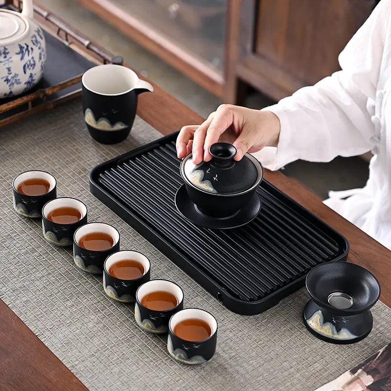 Kung Fu Tea Set Hand Painted Stone Pot Cover Bowl with Tea Tray Outdoor Travel Tea Set Our Tea Sets